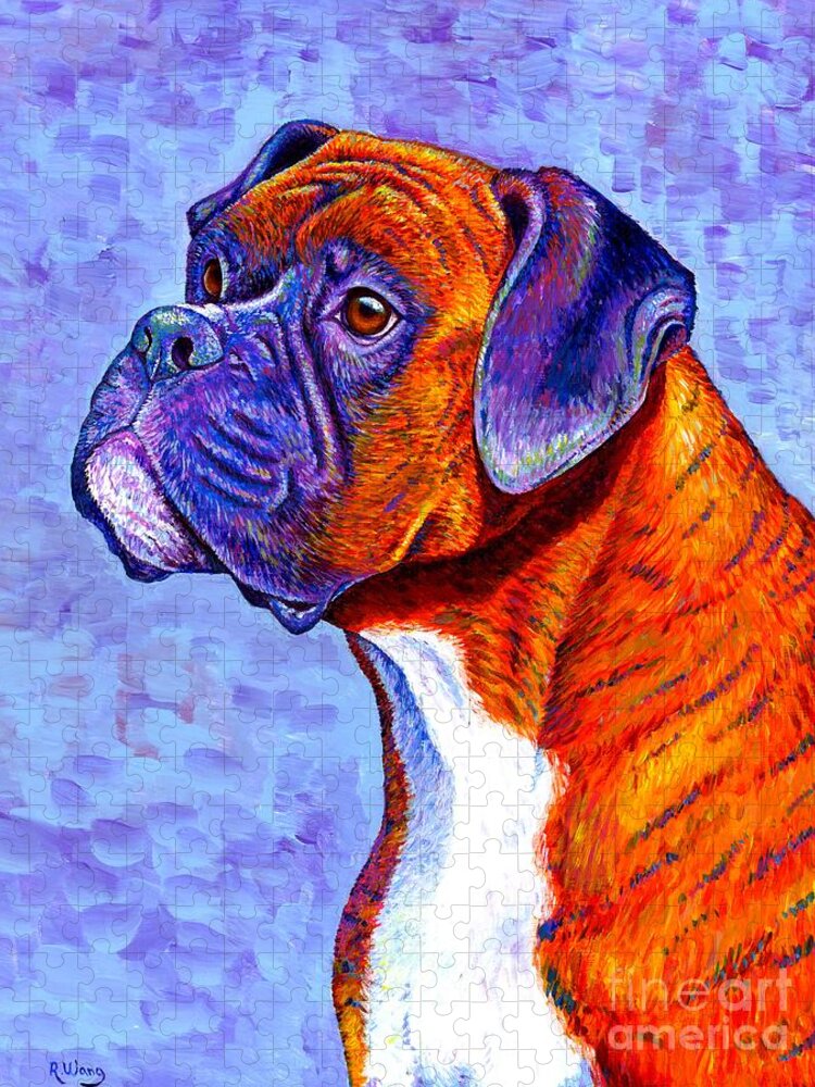 Boxer Jigsaw Puzzle featuring the painting Devoted Guardian - Colorful Brindle Boxer Dog by Rebecca Wang