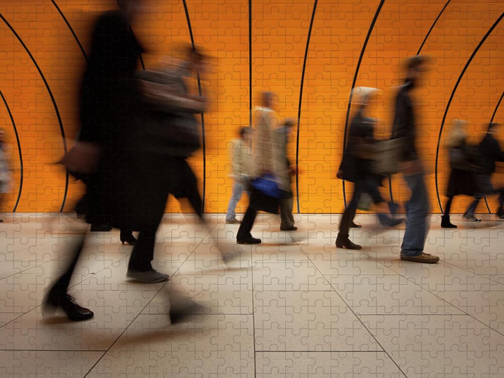 Crowd Jigsaw Puzzle featuring the photograph Commuters On Modern Subway With Orange by Sebastian-julian