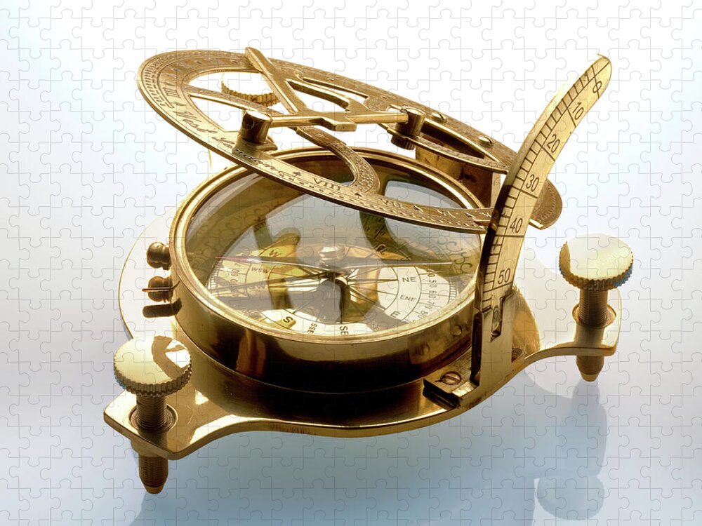 Sundial Jigsaw Puzzle featuring the photograph Compass Sundial On White by Atu Images