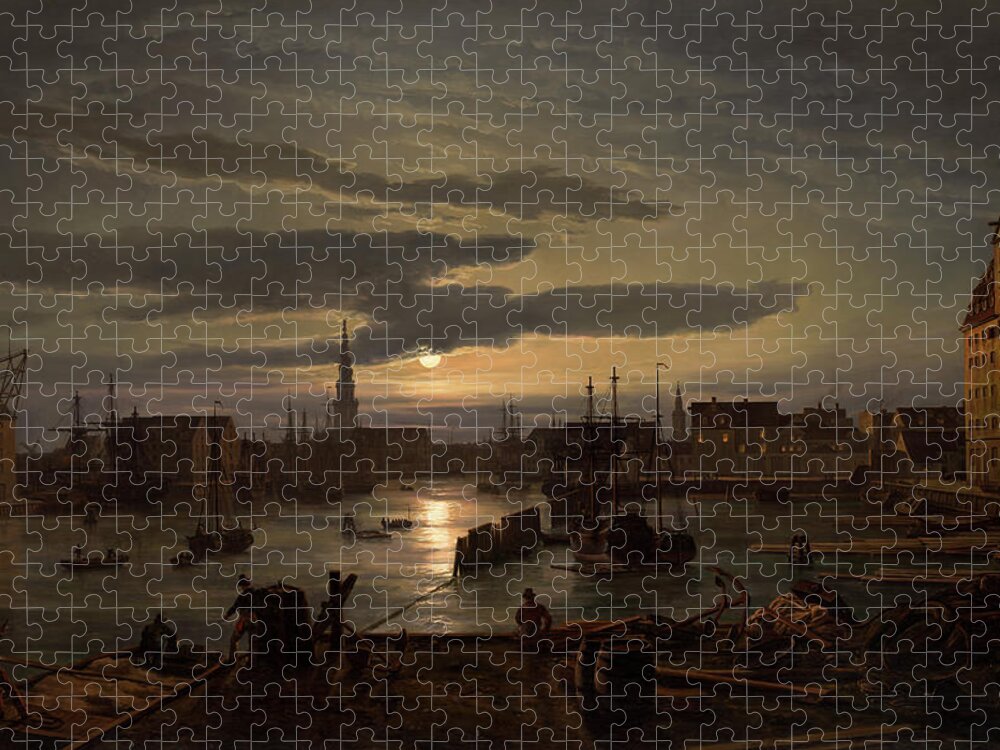 Ship Jigsaw Puzzle featuring the painting Copenhagen Harbor by Moonlight                         by Johan Christian Dahl