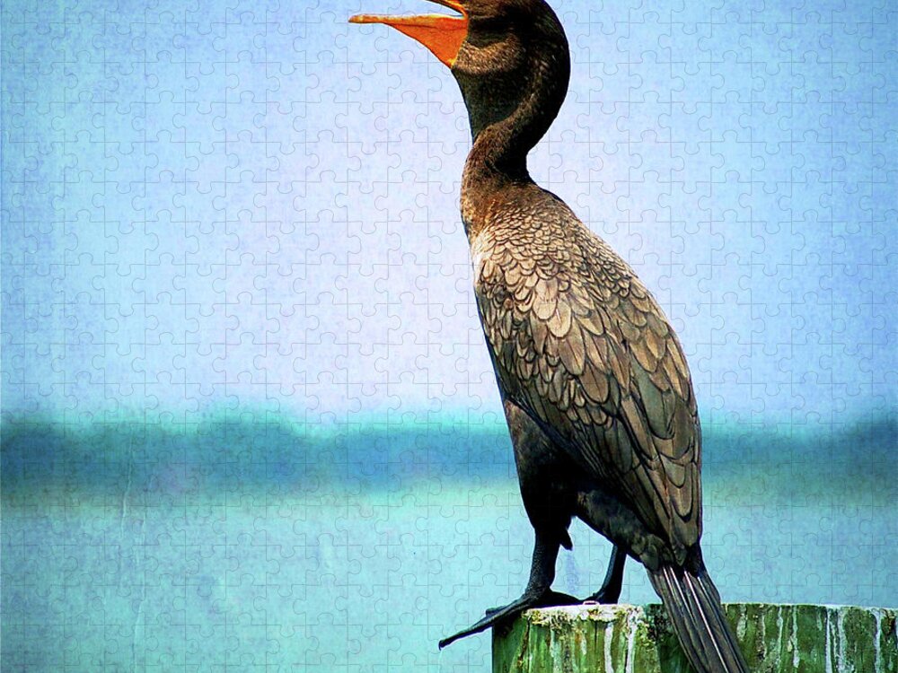 Wooden Post Jigsaw Puzzle featuring the photograph Cormorant Rests On Post Overlooking Lake by William Goldsmith