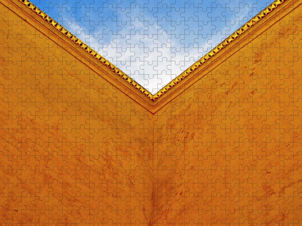 Security Jigsaw Puzzle featuring the photograph Corner Of Courtyard With Blue Sky, Low by Jed Share