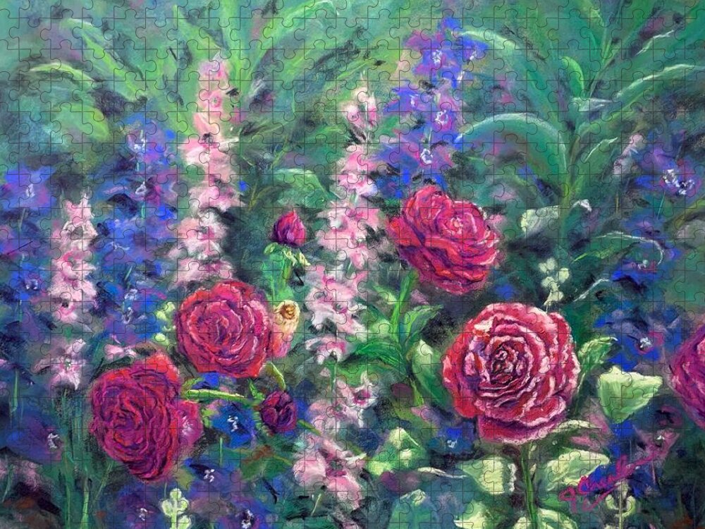 Garden Jigsaw Puzzle featuring the painting Cottage Garden Roses by Jan Chesler