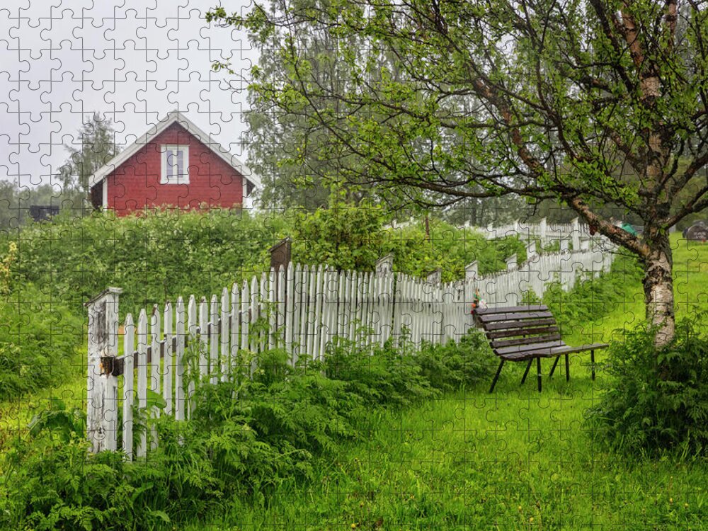 Fence Jigsaw Puzzle featuring the photograph Cottage in the Rain by Debra and Dave Vanderlaan