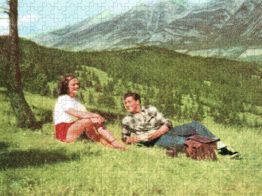 Campy Jigsaw Puzzle featuring the drawing Couple Having a Picnic on a Hillside by CSA Images