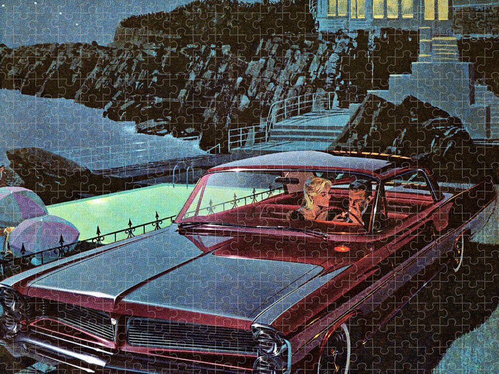 Auto Jigsaw Puzzle featuring the drawing Couple in Burgandy Vintage Car at Night by CSA Images