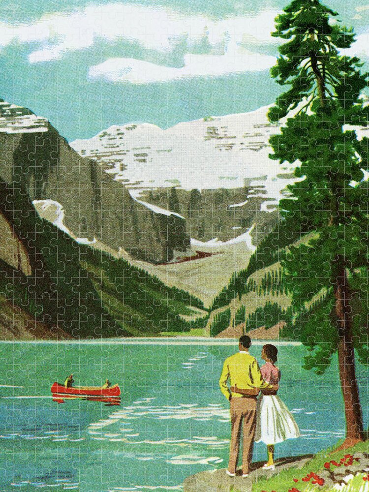 Campy Jigsaw Puzzle featuring the drawing Couple Looking Out Onto a Mountain Lake by CSA Images