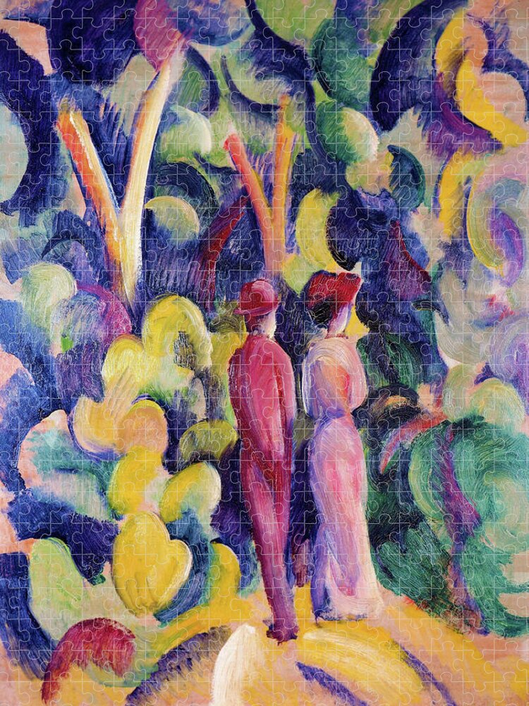 Couple On The Forest Track Jigsaw Puzzle featuring the painting Couple on the Forest Track - Digital Remastered Edition by August Macke