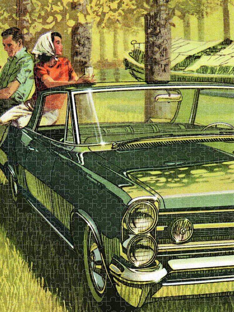 Adult Jigsaw Puzzle featuring the drawing Couple Sitting on Vintage Green Car by CSA Images
