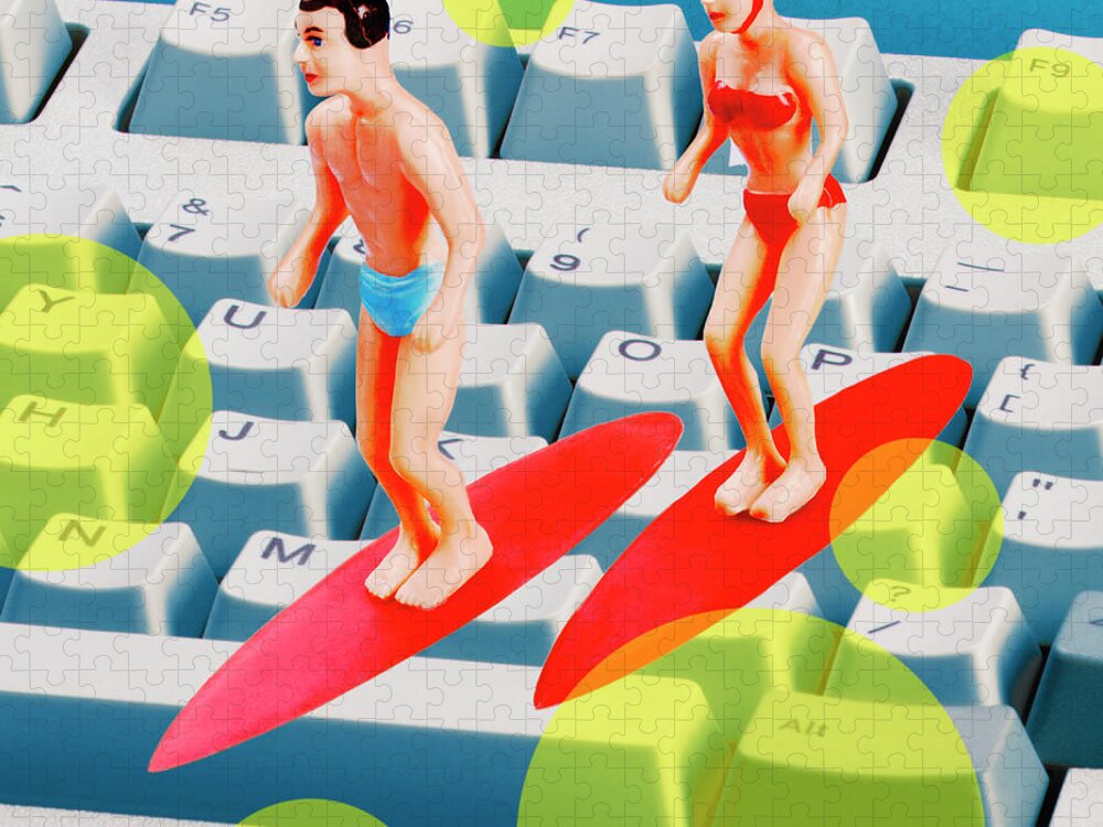 Activity Jigsaw Puzzle featuring the drawing Couple Surfing on Computer Keyboard by CSA Images