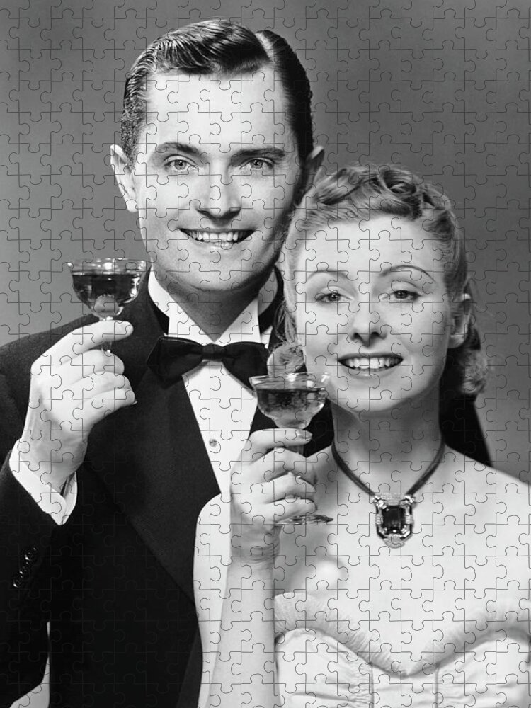 Heterosexual Couple Jigsaw Puzzle featuring the photograph Couple W Champagne Glasses by George Marks