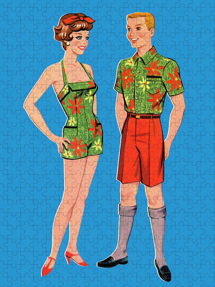 Adult Jigsaw Puzzle featuring the drawing Couple Wearing Matching Casual Outfits by CSA Images
