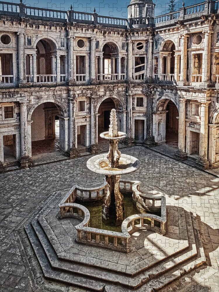 Portugal Jigsaw Puzzle featuring the photograph Courtyard with Templar Cross Fountain - Portugal by Stuart Litoff