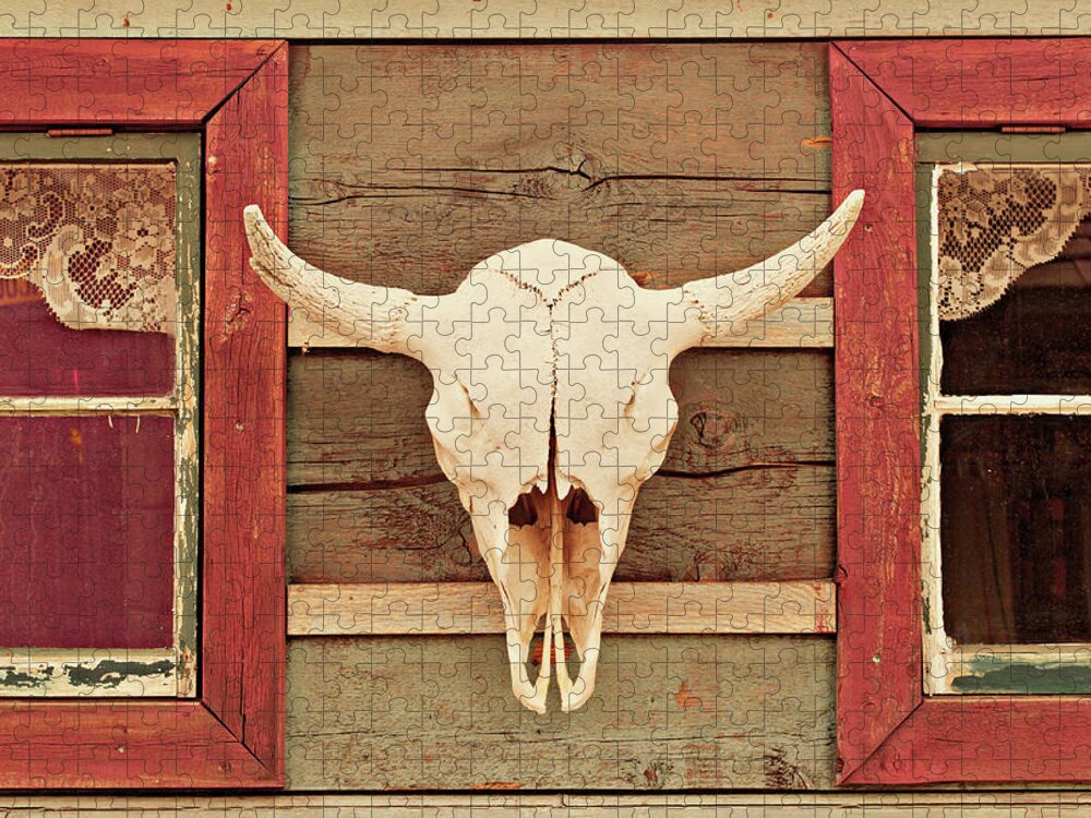 Horned Jigsaw Puzzle featuring the photograph Cow Skull On Cabin by Dougberry