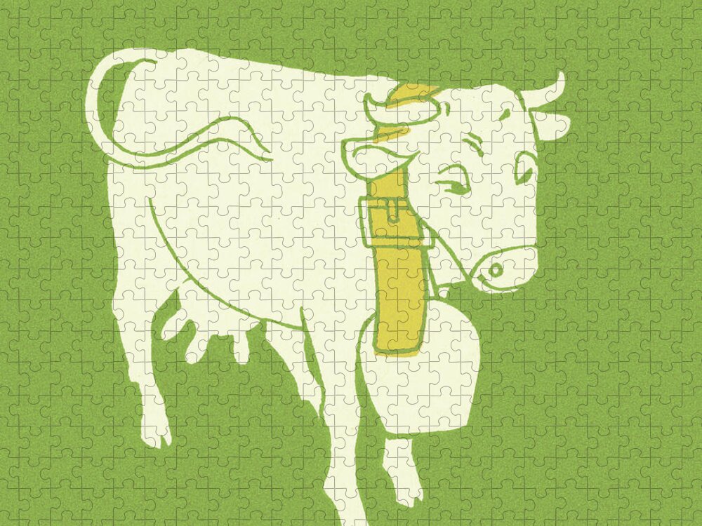 Agriculture Jigsaw Puzzle featuring the drawing Cow Wearing Bell by CSA Images