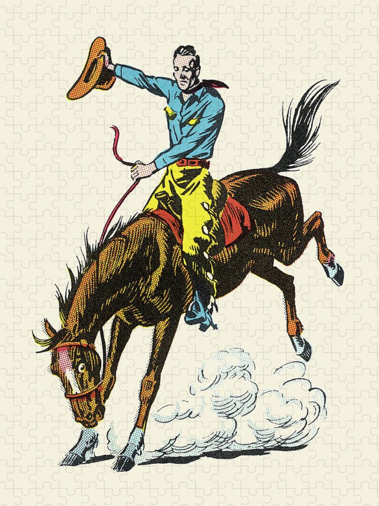 Accessories Jigsaw Puzzle featuring the drawing Cowboy Riding Bucking Bronco by CSA Images