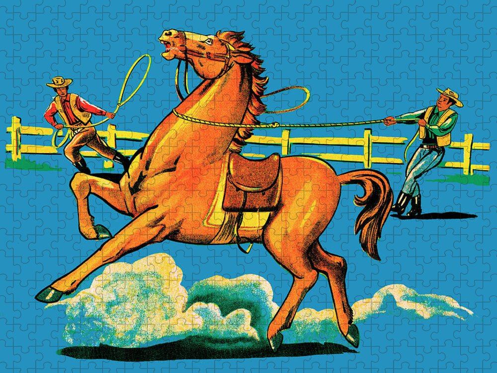 Animal Jigsaw Puzzle featuring the drawing Cowboys Roping a Horse by CSA Images