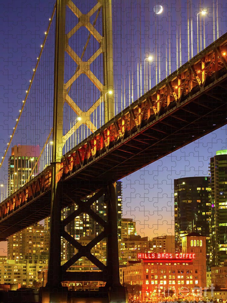 Sfo Jigsaw Puzzle featuring the photograph Crescent Moon And Coffee Under The Oakland Bay Bridge by Doug Sturgess