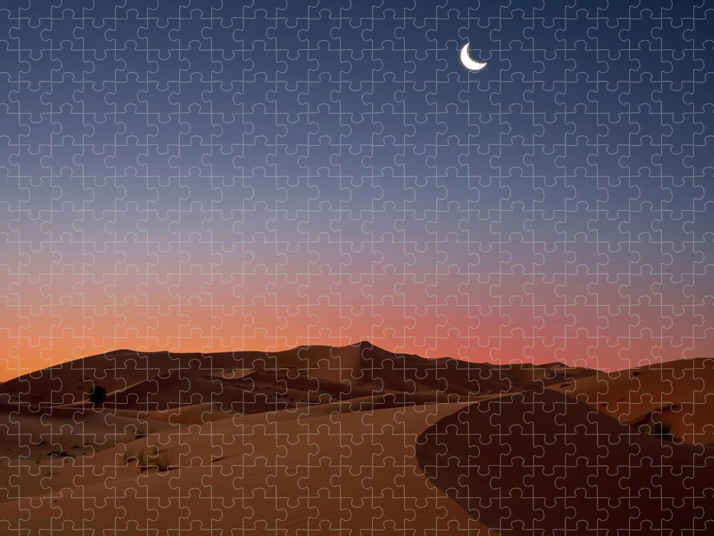 Tranquility Jigsaw Puzzle featuring the photograph Crescent Moon Over Dunes by Photo By John Quintero