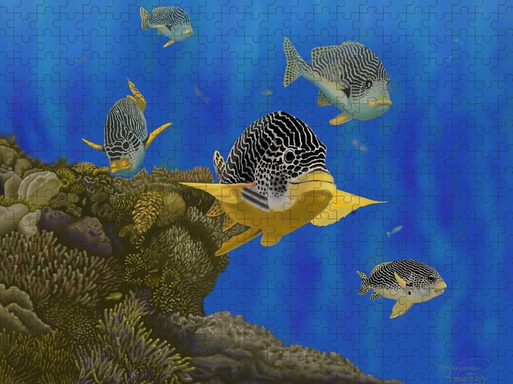 Fish Jigsaw Puzzle featuring the painting Cruisin' the Great Barrier Reef by Adrienne Dye