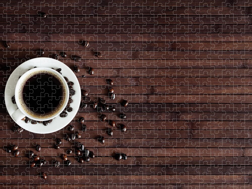 Breakfast Jigsaw Puzzle featuring the photograph Cup Of Fresh Coffee On Dark Wood by Sankai