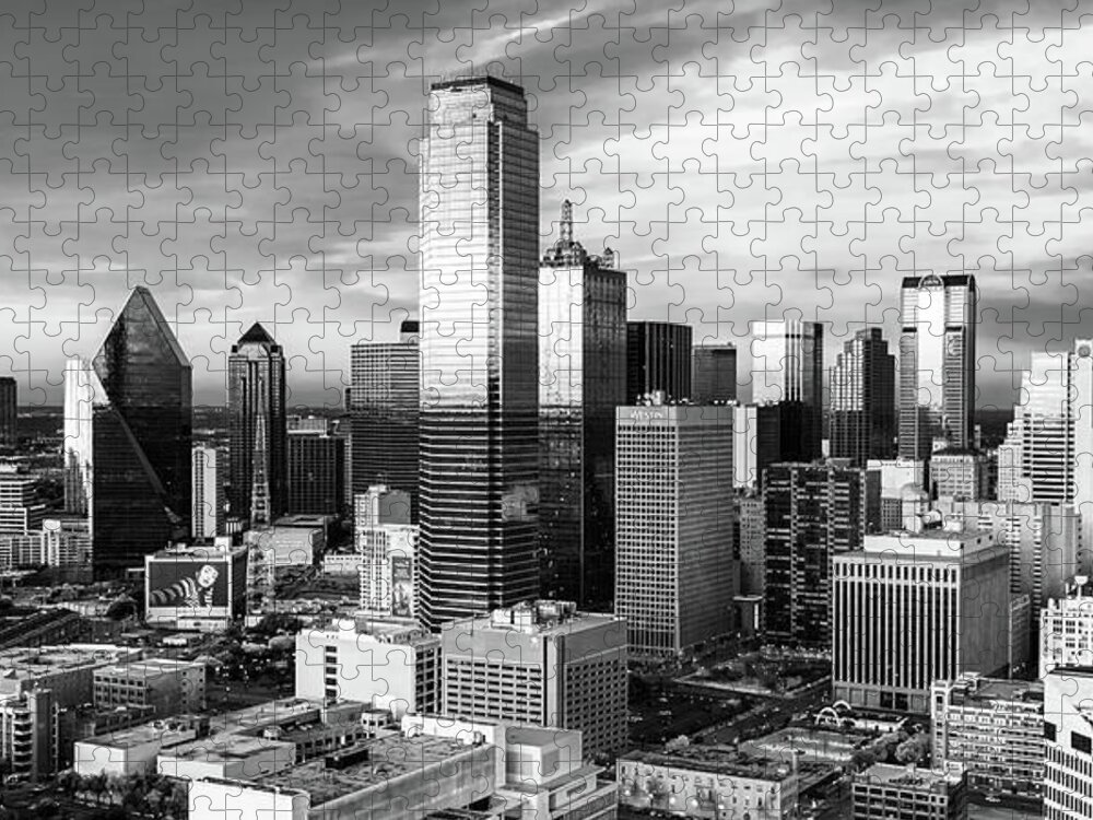 Dallas Texas Jigsaw Puzzle featuring the photograph Dallas Skyline at Sunset - Texas Black and White Panorama by Gregory Ballos