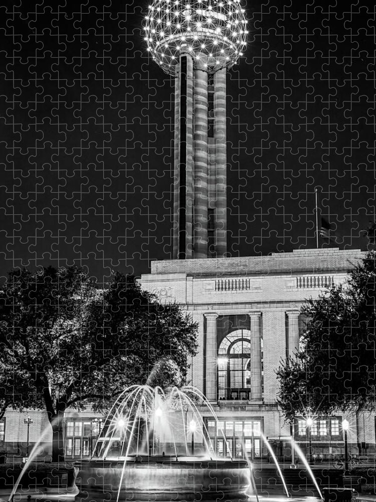 Dallas Texas Jigsaw Puzzle featuring the photograph Dallas Texas Reunion Tower and Fountain - Monochrome by Gregory Ballos