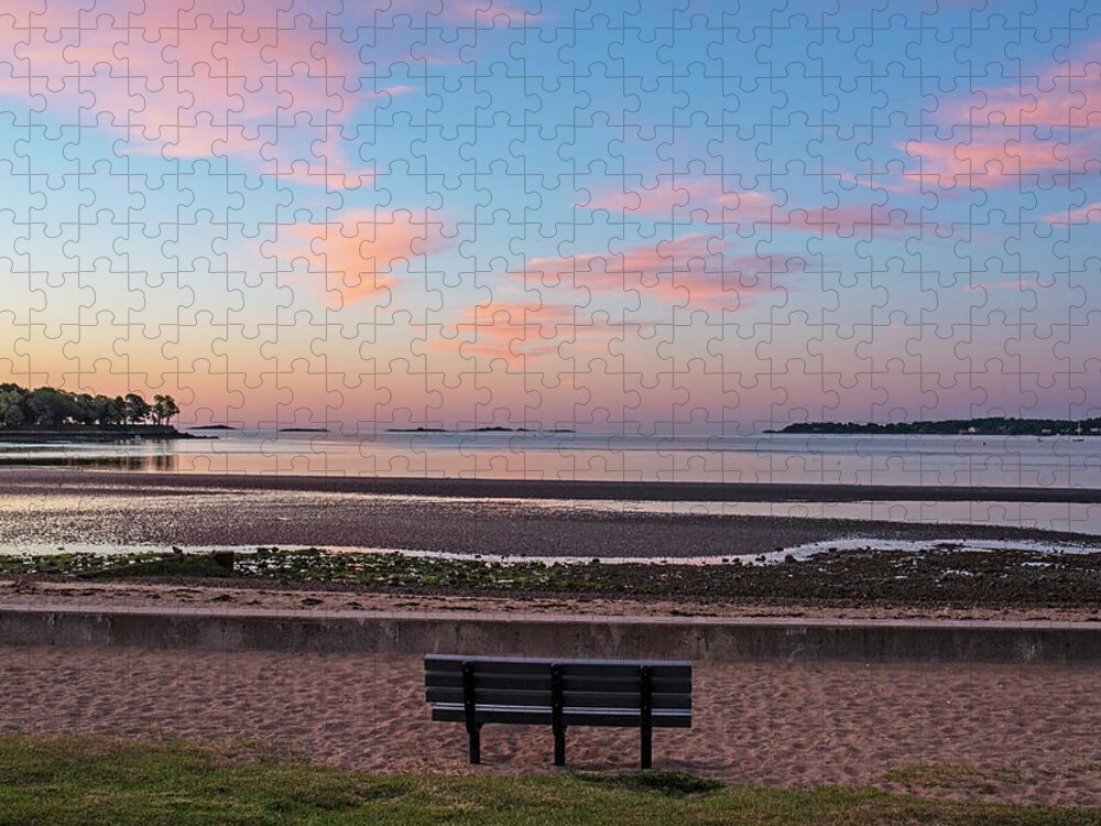 Beverly Jigsaw Puzzle featuring the photograph Dane Street Beach in Beverly MA Morning Light Red Clouds Bench by Toby McGuire