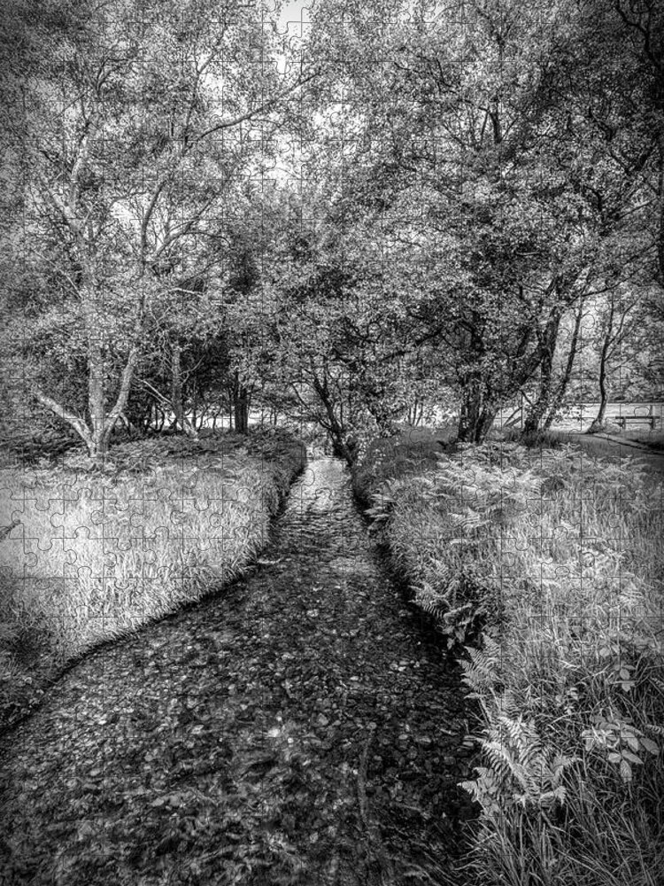 Clouds Jigsaw Puzzle featuring the photograph Dark Irish Stream in Black and White by Debra and Dave Vanderlaan