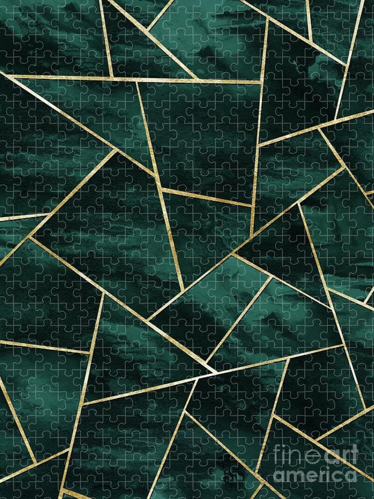 Graphic-design Jigsaw Puzzle featuring the digital art Dark Teal Ink Gold Geometric Glam #1 #geo #decor #art by Anitas and Bellas Art