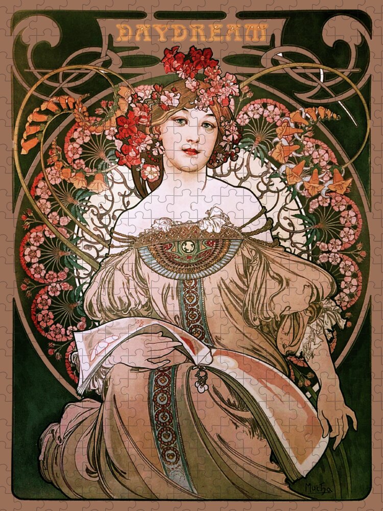 Daydream Jigsaw Puzzle featuring the painting Daydream by Alphonse Mucha White Background by Xzendor7
