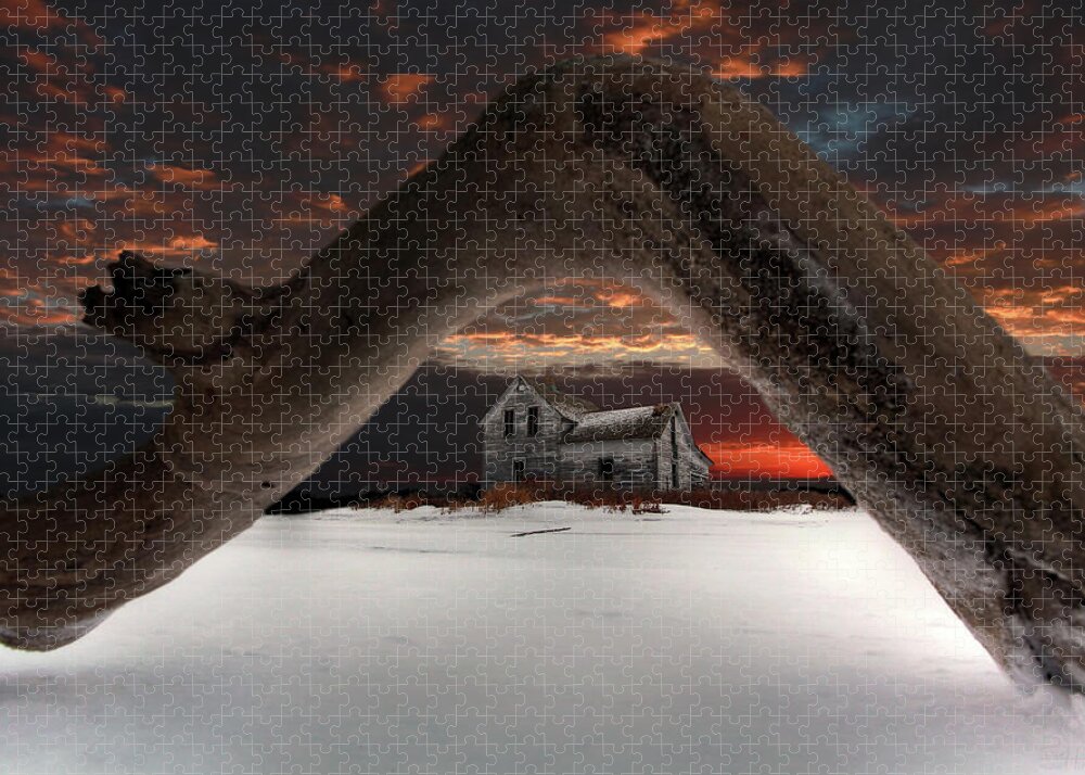 Abandoned Farm Farmstead Deadwood Frozen Tree Ice Snow Winter Cold Blue Scenic Landscape Prairie Winter Freezing Sunset Sunrise Arch Devils Lake Frost Desolate Deserted Jigsaw Puzzle featuring the photograph Deadwood Arch Above Abandoned Farm #2 by Peter Herman
