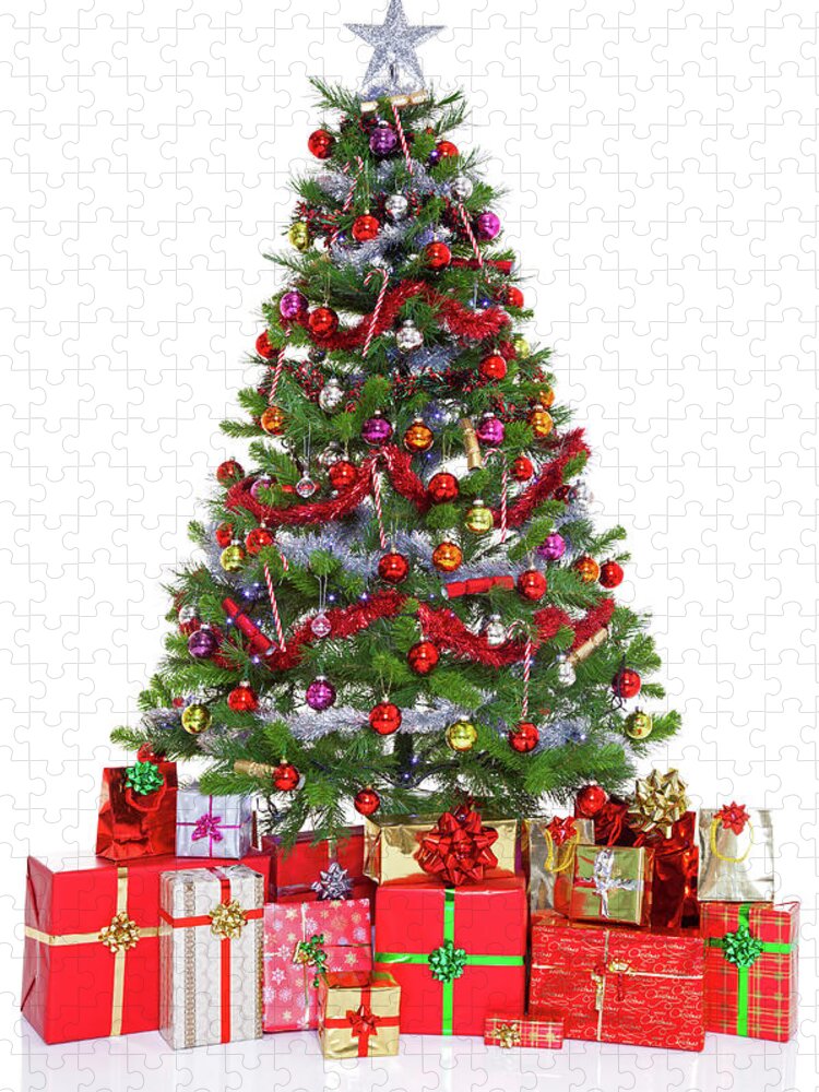 White Background Jigsaw Puzzle featuring the photograph Decorated Christmas Tree And Presents by Rtimages
