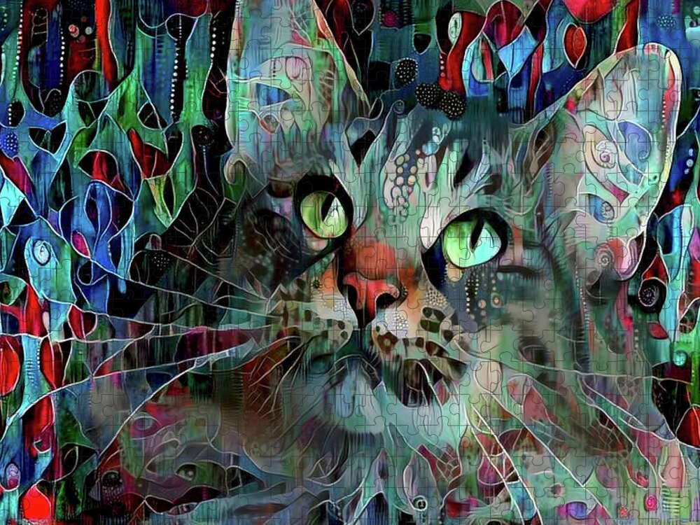 Maine Coon Cat Jigsaw Puzzle featuring the mixed media DeeDee in Blue and Red by Peggy Collins