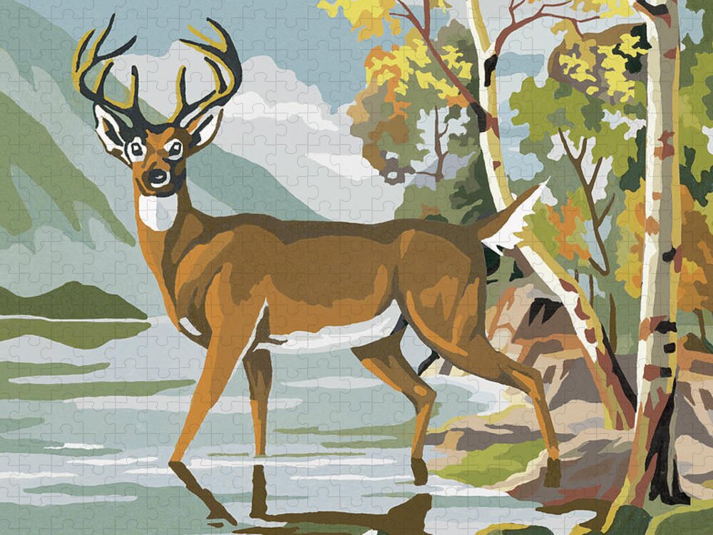 Activity Jigsaw Puzzle featuring the drawing Deer in Lake by CSA Images