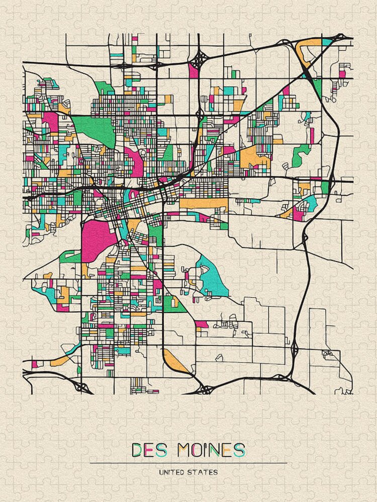 Des Moines Jigsaw Puzzle featuring the drawing Des Moines, Iowa City Map by Inspirowl Design