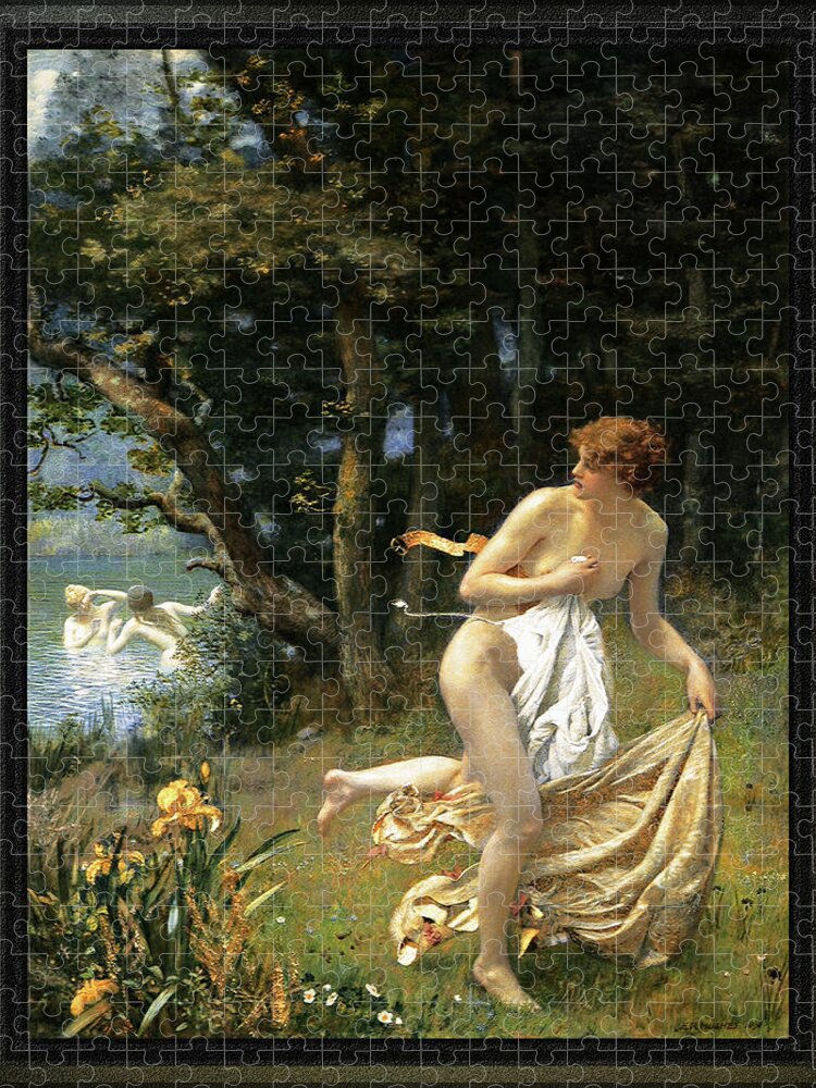 Diana's Maidens Jigsaw Puzzle featuring the painting Dianas Maidens by Edward Robert Hughes by Rolando Burbon