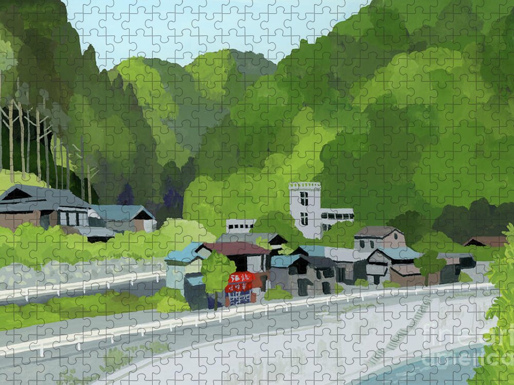 Dining Room In The Mountain Village Jigsaw Puzzle featuring the painting Dining Room In The Mountain Village by Hiroyuki Izutsu