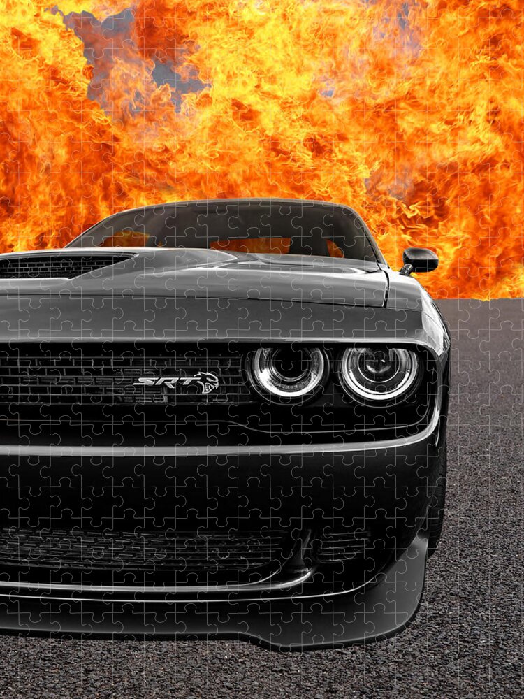 Dodge Jigsaw Puzzle featuring the photograph Dodge Hellcat SRT With Flames by Gill Billington