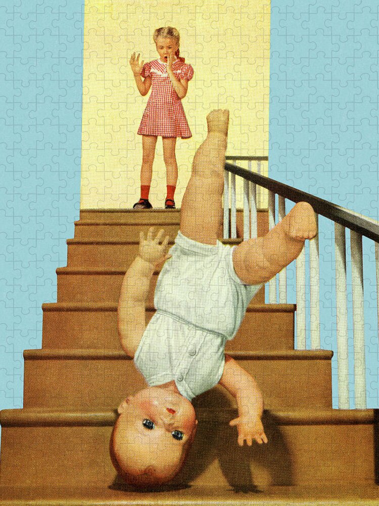 Accident Jigsaw Puzzle featuring the drawing Doll Baby Falling Down The Stairs by CSA Images