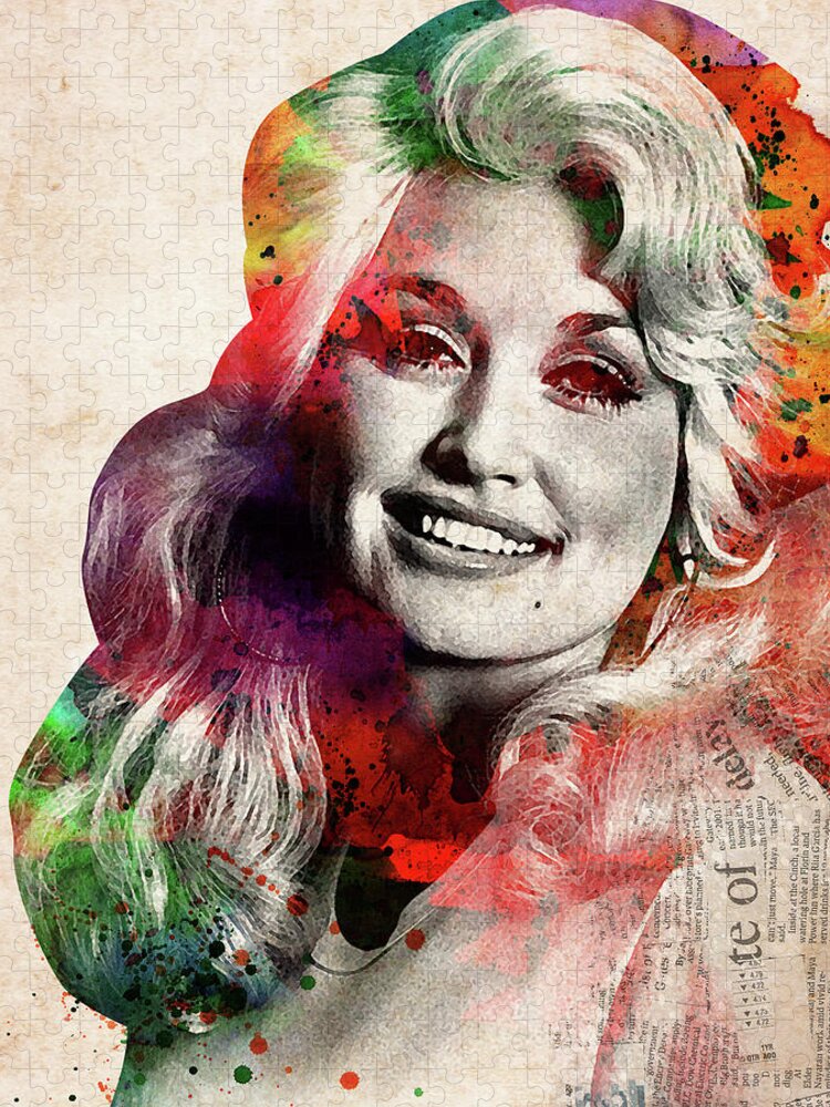 Dolly Parton Jigsaw Puzzle featuring the digital art Dolly Parton colorful watercolor portrait by Mihaela Pater