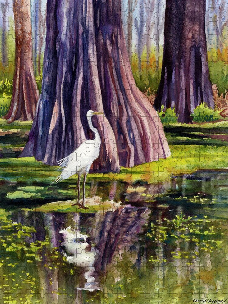 Egret Painting Jigsaw Puzzle featuring the painting Down in the Swamplands by Anne Gifford