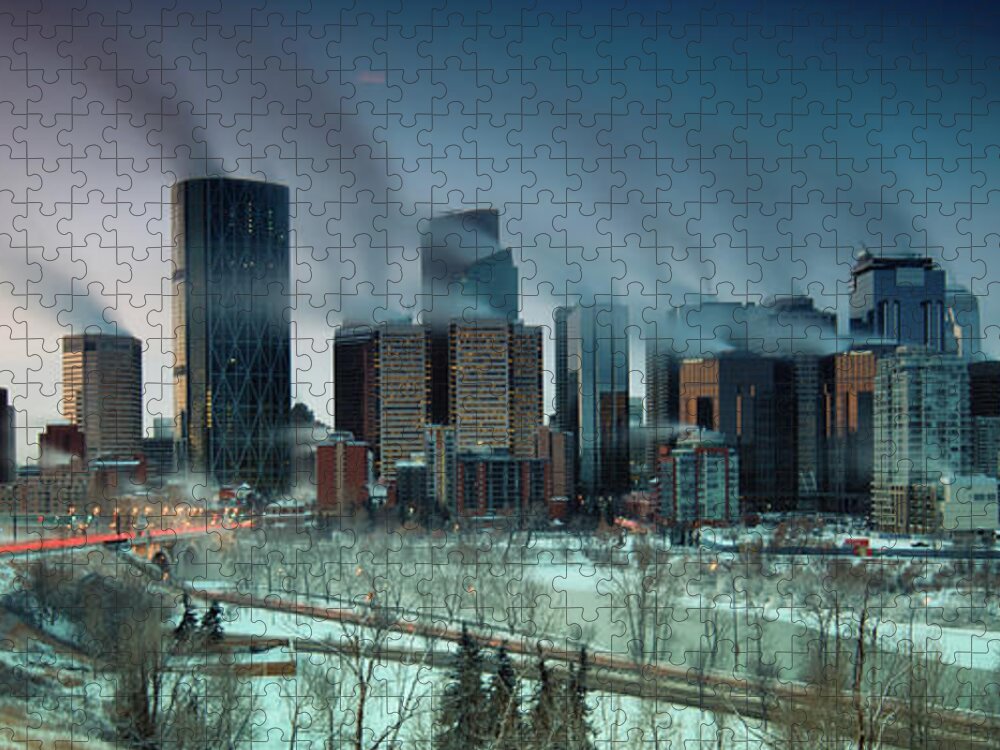 Wind Jigsaw Puzzle featuring the photograph Downtown Calgary, -32 Degrees by Chris Manderson