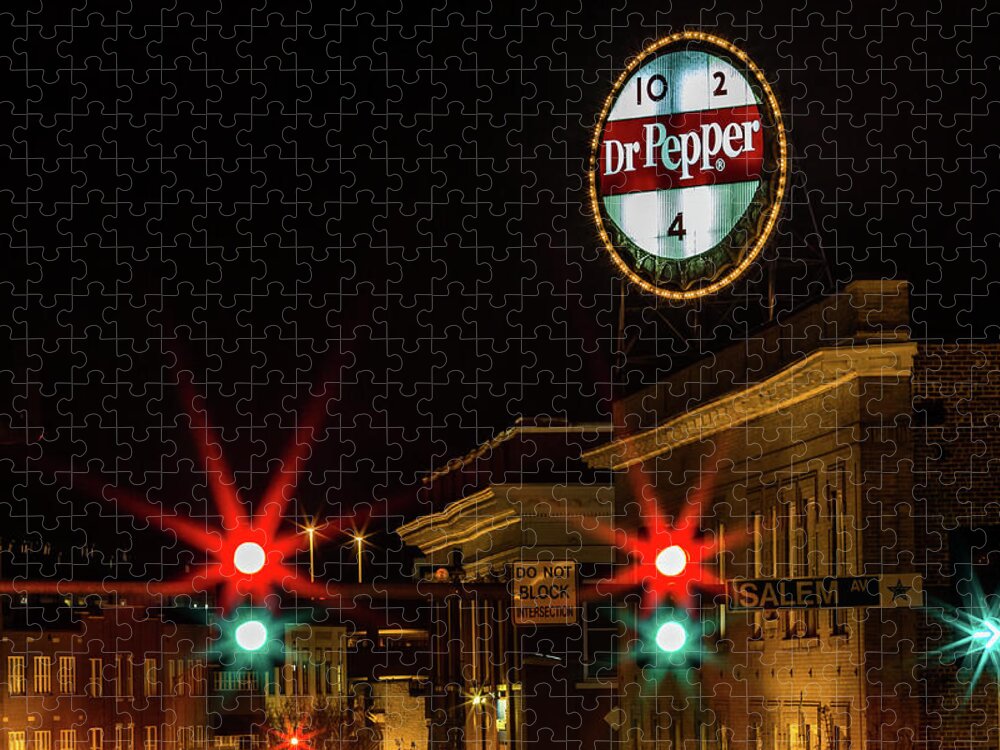  Dr Pepper Sign Neon Sign Jigsaw Puzzle featuring the photograph Dr Pepper Neon Sign Roanoke, Virginia. by Julieta Belmont