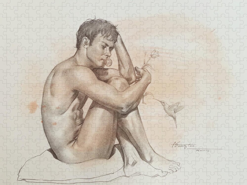 Malle Nude Jigsaw Puzzle featuring the drawing Drawing male nude #181213 by Hongtao Huang
