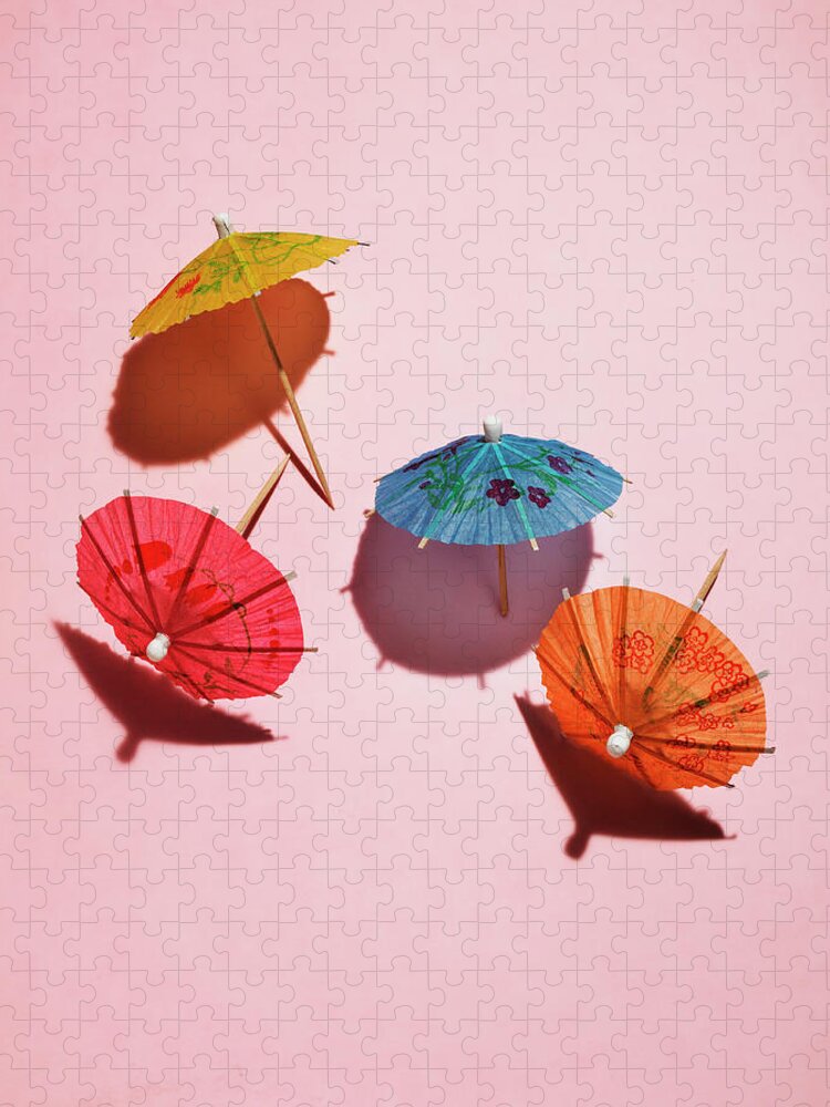 Shadow Jigsaw Puzzle featuring the photograph Drink Umbrellas On Pink by Tamara Staples