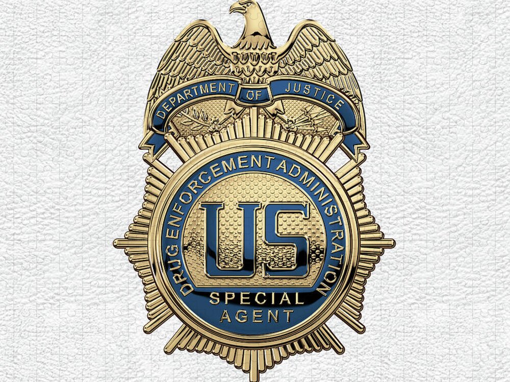  ‘law Enforcement Insignia & Heraldry’ Collection By Serge Averbukh Jigsaw Puzzle featuring the digital art Drug Enforcement Administration - D E A Special Agent Badge over White Leather by Serge Averbukh