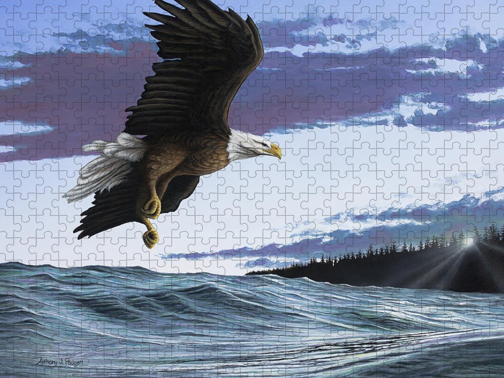 Landscape Jigsaw Puzzle featuring the painting Eagle in Flight by Anthony J Padgett