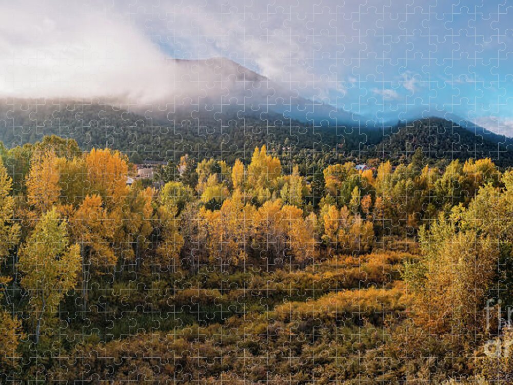 Santa Fe Jigsaw Puzzle featuring the photograph Early Morning Panorama of Changing Aspens and Picacho Peak - Twomile Reservoir - Santa Fe New Mexico by Silvio Ligutti