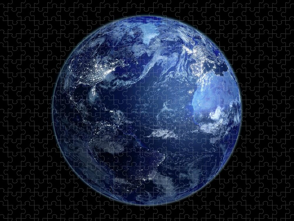 Globe Jigsaw Puzzle featuring the digital art Earth At Night, Artwork by Andrzej Wojcicki